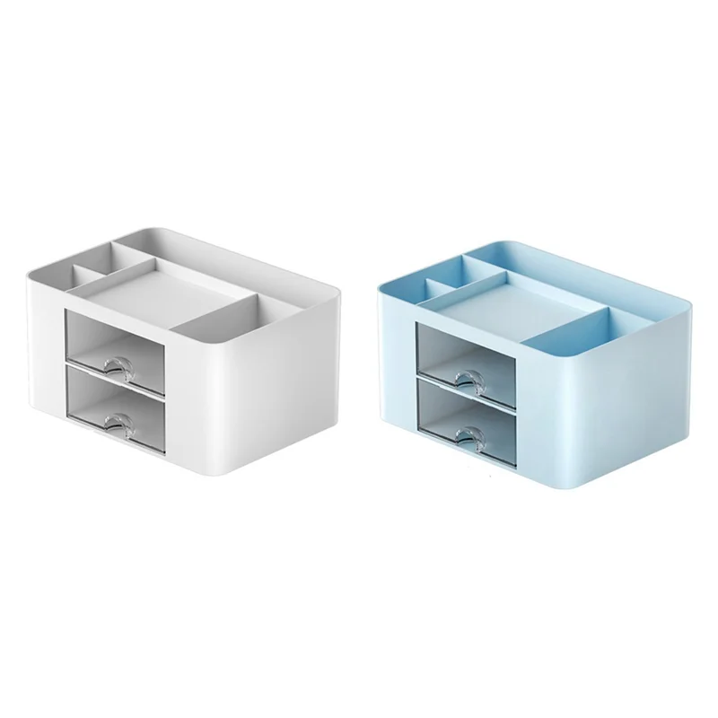 ABMF-2Pcs Blue+White Simple Transparent Drawer Storage Box Children's Student Office Desktop Ornaments Pen Holder Easy To Use