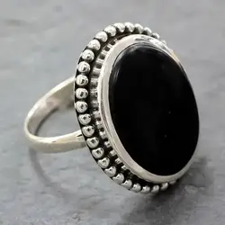 Vintage Silver Color Oval Black Stone Rings Originality Metal Carving Pattern Rings for Women Jewelry