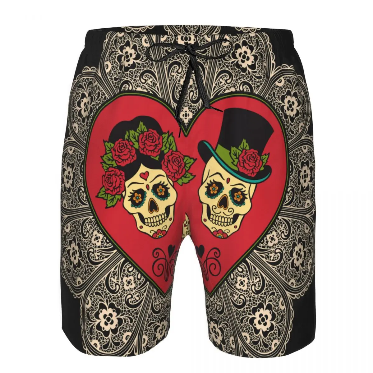 Men Beach Short Quick-drying Swimming Trunk Mexican Sugar Skulls With Heart And Lace Swimwear Swimsuit Bathing Shorts