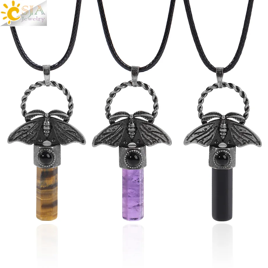 CSJA Animal Moth Necklace with Natural Stone Hexagon Pendant Reiki Healing Crystal Tiger Eye Amethyst Quartz Jewelry Gift H955