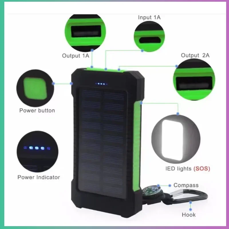 200000mAh Przenośny bank energii słonecznej Szybkie ładowanie Bateria zewnętrzna Wodoodporny Powerbank z latarką SOS Poverbank dla Xiaomi