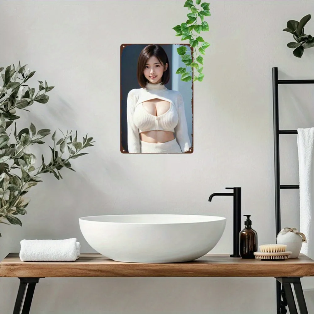 Asian Woman in White Cutout Knit Crop Top and High-Waisted Pants with Ivy Accent 2D Flat HD Metal Picture Wall Art Decor for Bed