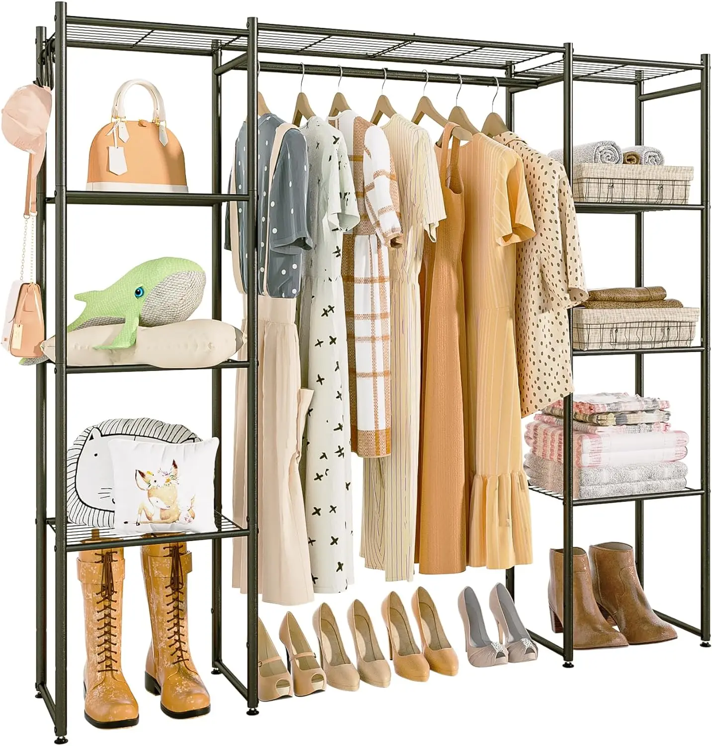 

Portable Closet Wardrobe, Metal Clothing Rack with 8 Shelves & 1 Hang Rod, Free Standing Closet Rack for Hanging Clothes Closet