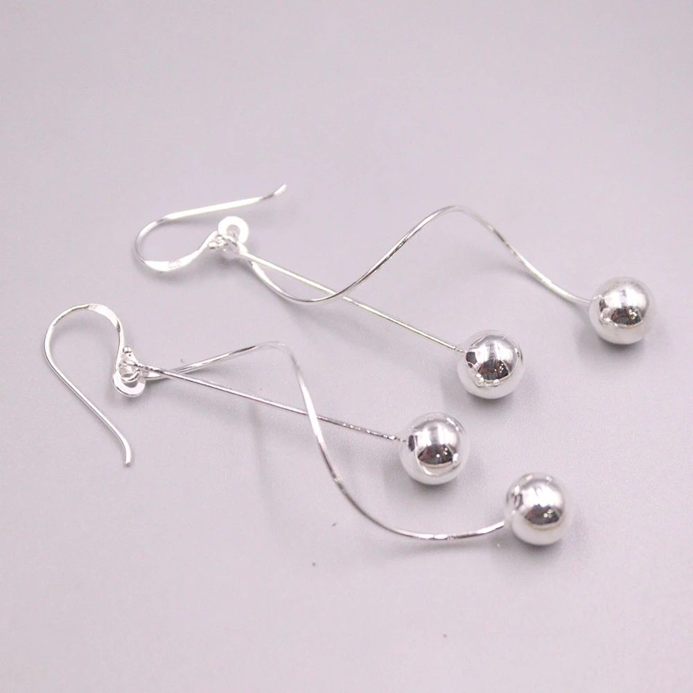 

Real Solid 925 Sterling Silver Women Lucky Glossy Ball Twist Stick Dangle Earrings