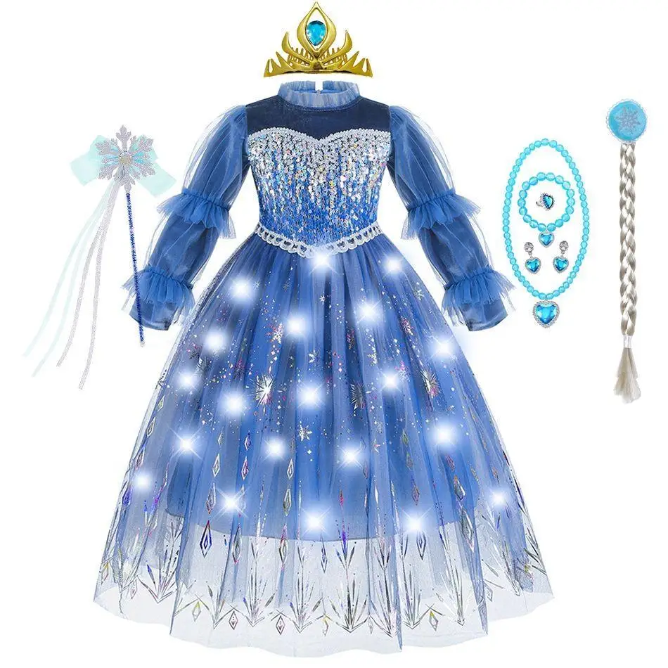 Blaues Elsa-Prinzessinnenkleid für Mädchen, glitzerndes Herzmieder, flauschiges Schneeflockenkleid, Laternenärmel, perfekt für Geburtstagsfeier, Halloween
