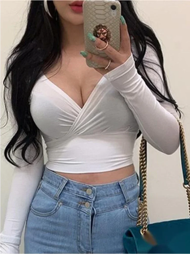 

Short Sweet V-neck Pleated Cross Blue Long Sleeve Top Women's Tight Slim Big Chest Tshirt Tees Sexy Tops 48VV