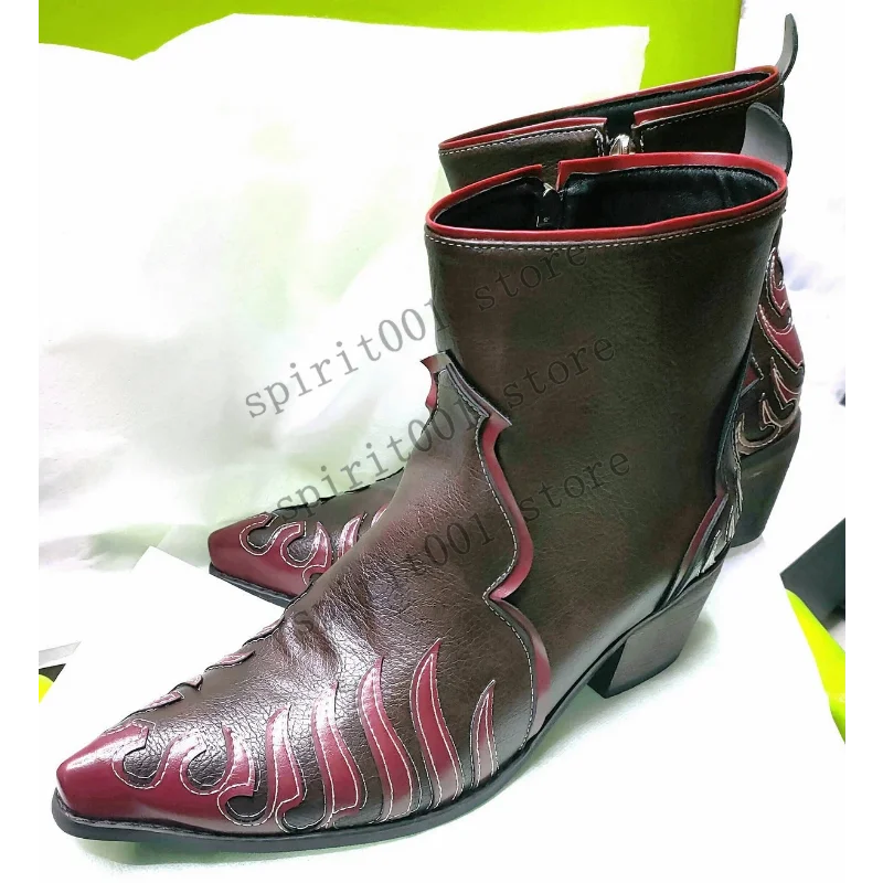 Pointed Toe Chunky Heel Western Cowboy Boots Men's Short Boots Retro Stitching Leather Boots Halloween Cosplay Knight Boots 2026 - view 3