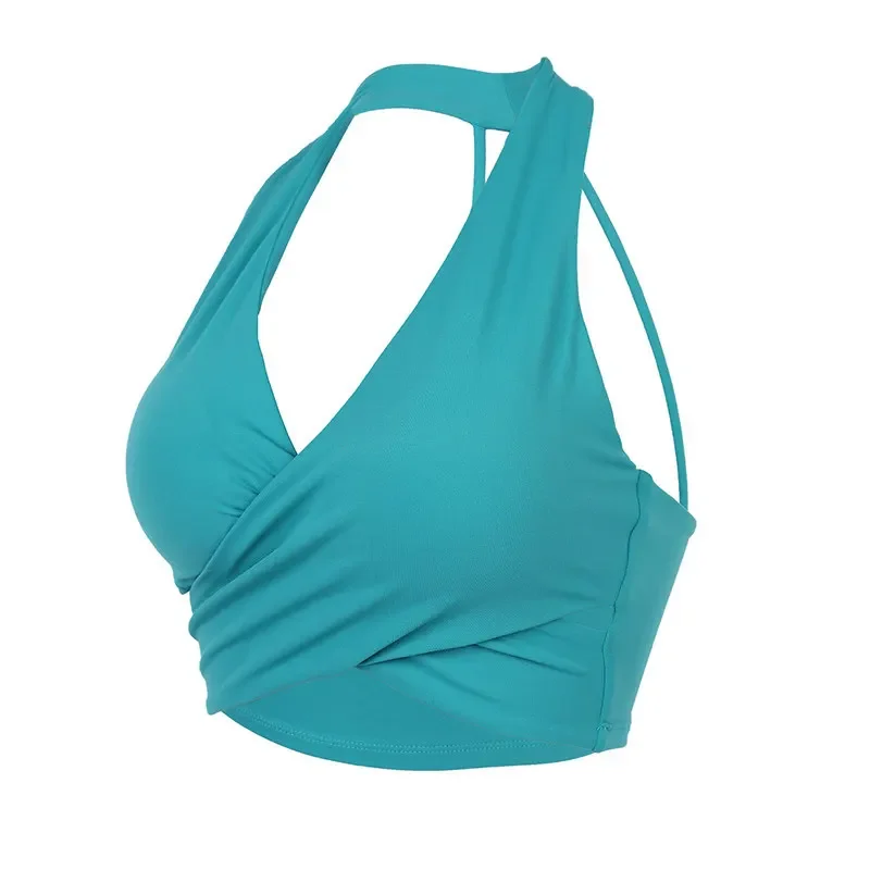 Corp Top Gym Cross Plissee Slim Yoga-Top für Damen mit festen Cups, stoßfest, sexy, tiefem V-Ausschnitt, Neckholder, schöner Rücken, Sport-BH – Detail 7