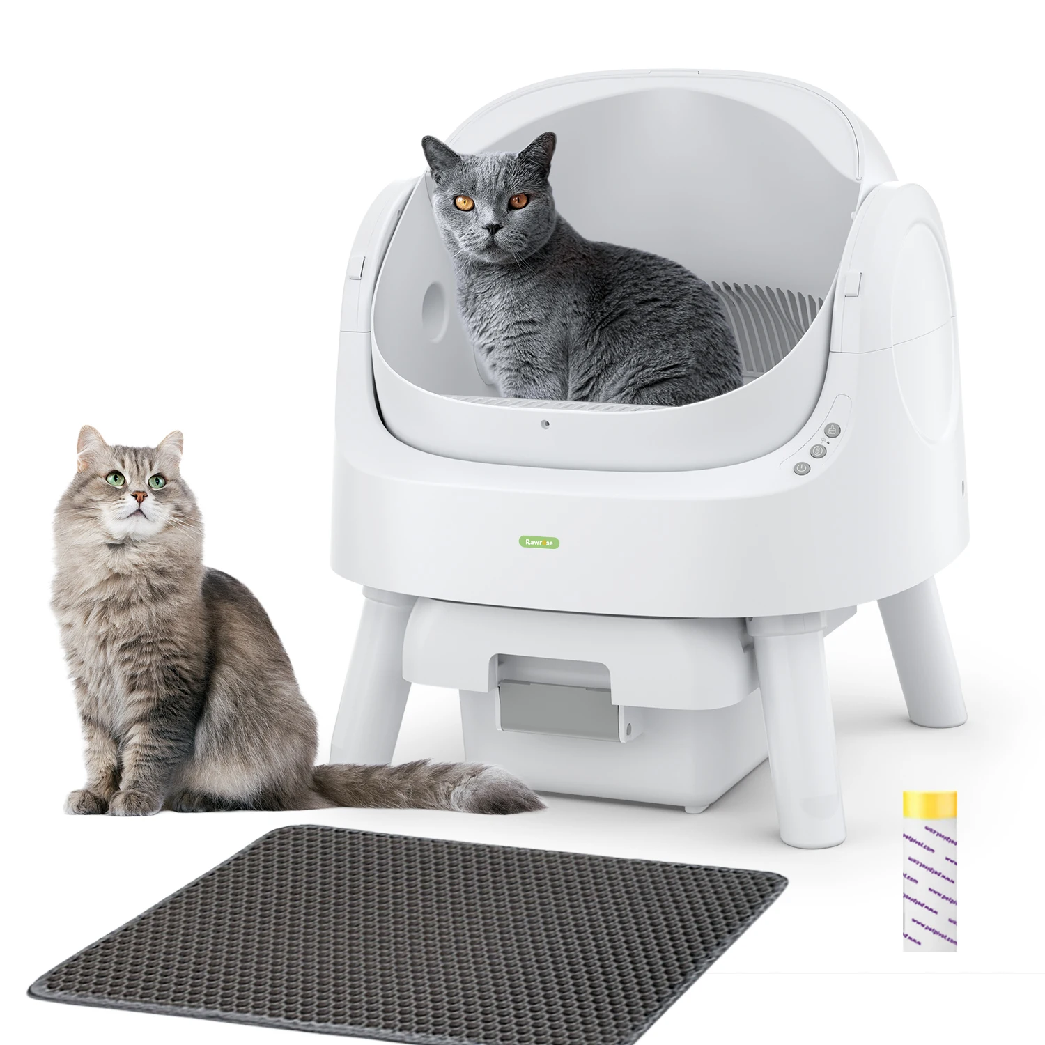 Automatic Open Top Litter Box for Multiple Cats, Cat-Safe Smart Litter Box, Includes Mat And Trash Bags, (Rawrose, AS11 White)