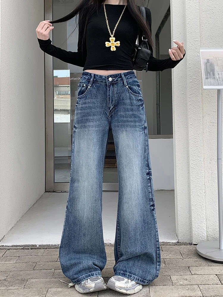 

Ripped Jeans Korean Clothing Woman Denim Baggy Y2K High Waist Streetwear Vintage Fashion Oversize Wide Leg Cut Loose Fit Black