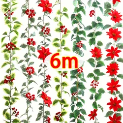 6/2m Red Berry Christmas Garland Decoration Artificial Holly Leaves Berries Vine Ivy Xmas Tree Ratten Wreath Hanging Ornaments