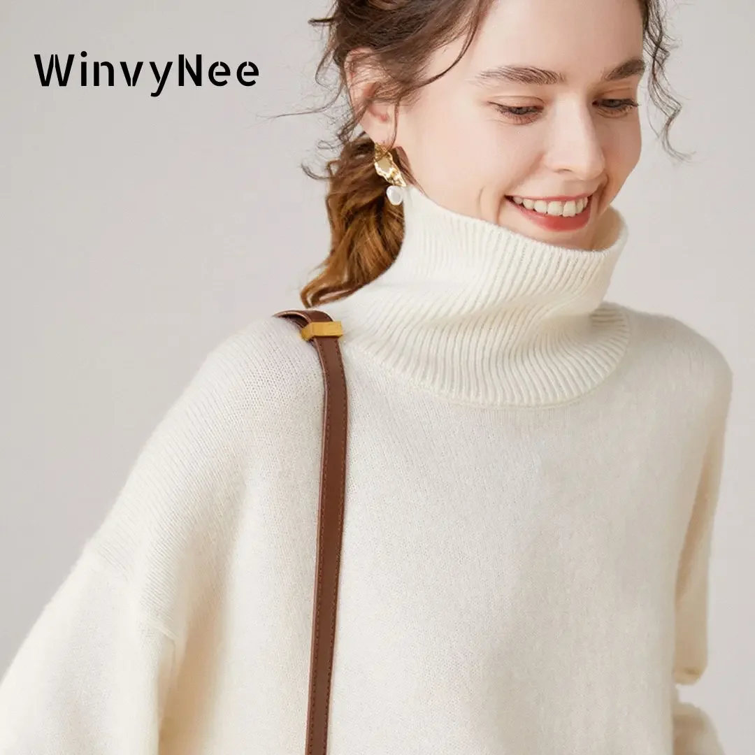 

WinvyNee Women Clothing 100% Wool White Sweater Turtleneck Solid Loose Casual Pullover Soft Outerwears Plus Size Winter A1103002