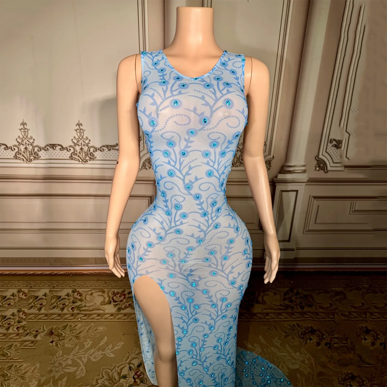 Women luxury Evening Party Prom Gowns Sky Blue Sleeveless Open Leg Printed Diamonds Mesh Long Dress Birthday Celebrity One Piece