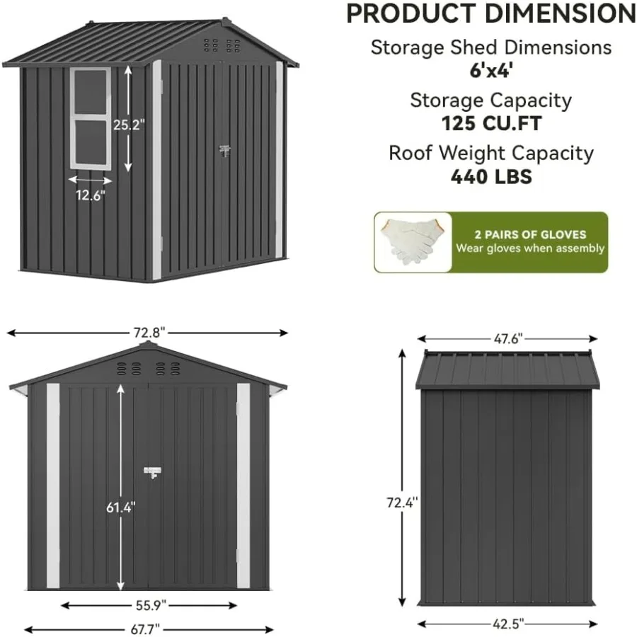 Shed Storage Outdoor Metal Windowed Lockable Garden Toolhouse Weatherproof Ventilated Backyard Utility Workshop Grey, 6'x4' - view 2