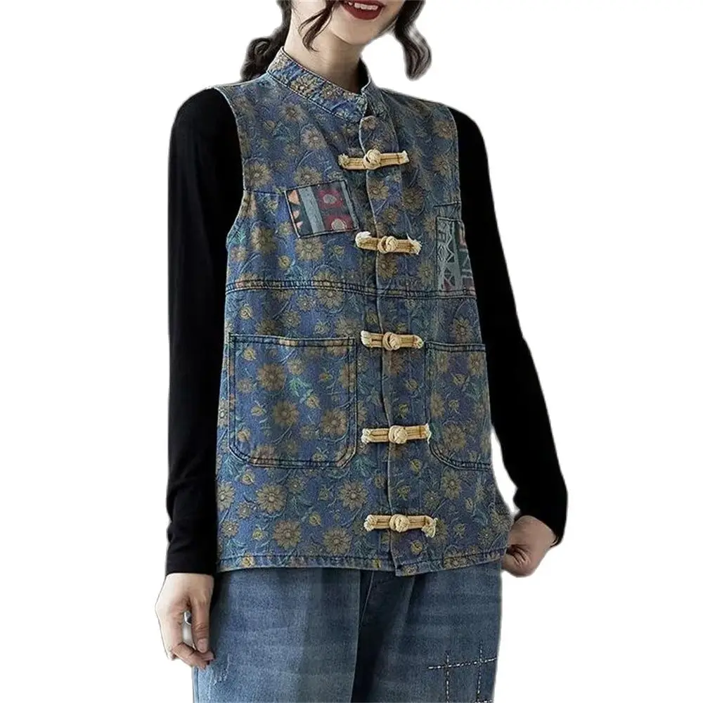 2024 Spring Summer Sleeveless Coat Outerwear Spliced All-Match Design Female Gilet Jean Waistcoat Vintage Style Women Denim Vest