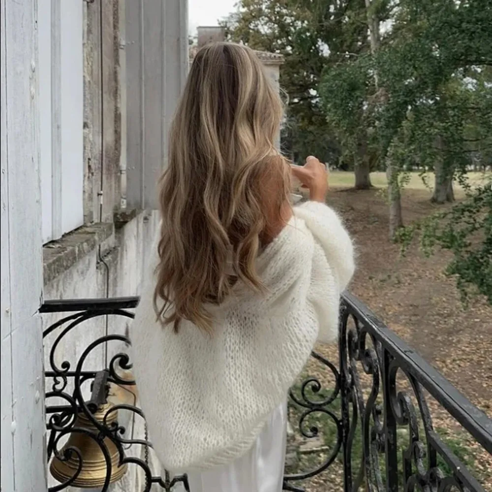 Mohair Cardigan for Women, Milk White Knitted Sweater, Handmade Woven Coat, Loose and Lazy Style, Pure Handmade, New, 2024