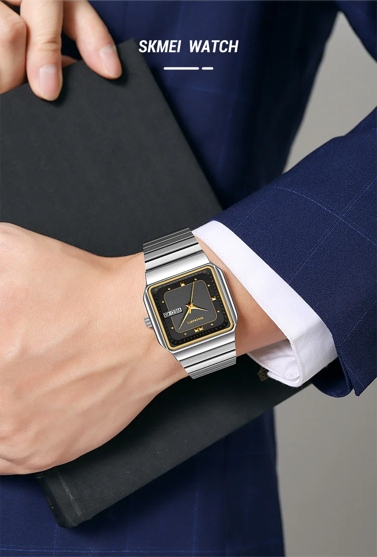 SKMEI 9414 Simple Square Dial Calendar Week Stainless Steel Strap Quartz Watch Men's Waterproof Business Mens Watch Reloj Hombre