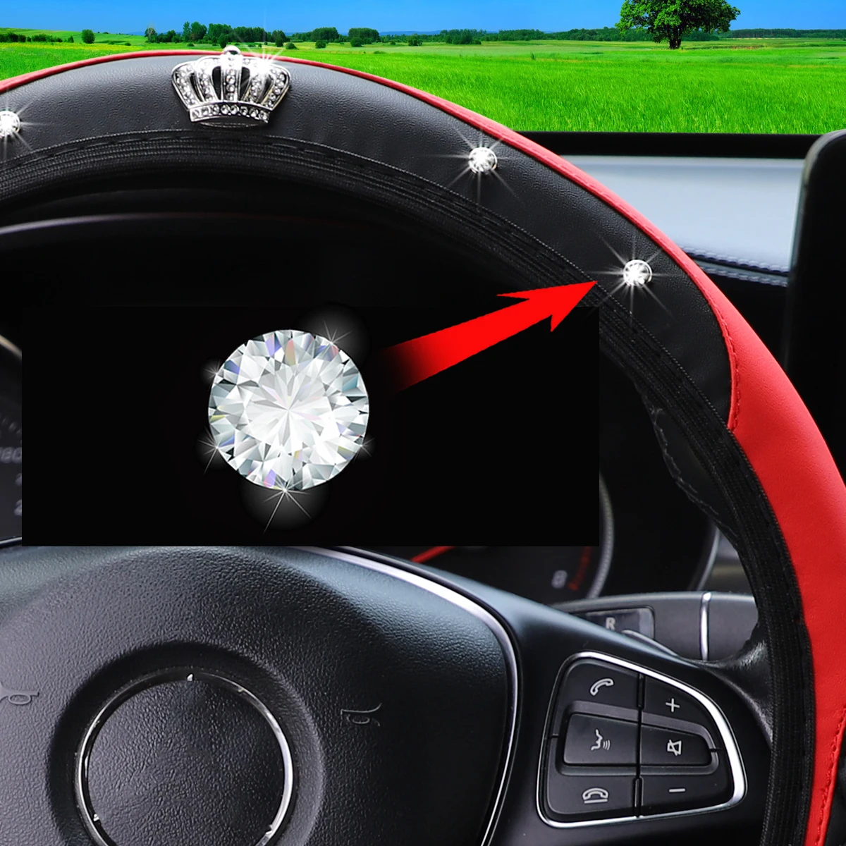 1 PU-Lenkradbezug mit bestickter Krone und künstlichen Diamanten, Bling-Bling-Leder-Lenkradbezug ohne Innenring, passend für 14,5-15 Zoll – Detail 10