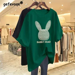 Pure Cotton Round Neck Dark Green Pullover T-shirt for Women Summer Letter Rabbit Head Pattern Printed Half Sleeve Midi Tops