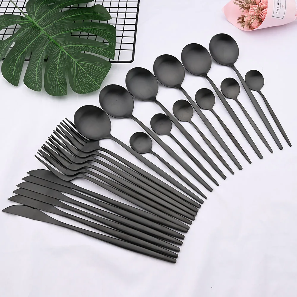 Matte 24Pcs Black Dinnerware Cutlery Set Stainless Steel Flatware Set Kitchen Silverware Home Steak Knife Fork Spoon Tableware