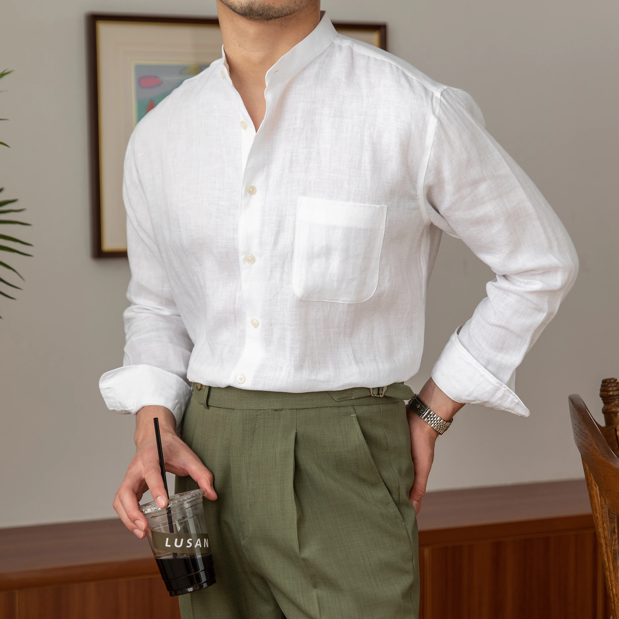 Camisa de manga larga para hombre, camisa de lino 100% puro, transpirable, ligera, informal, combina con todo, para vacaciones, viaje casero