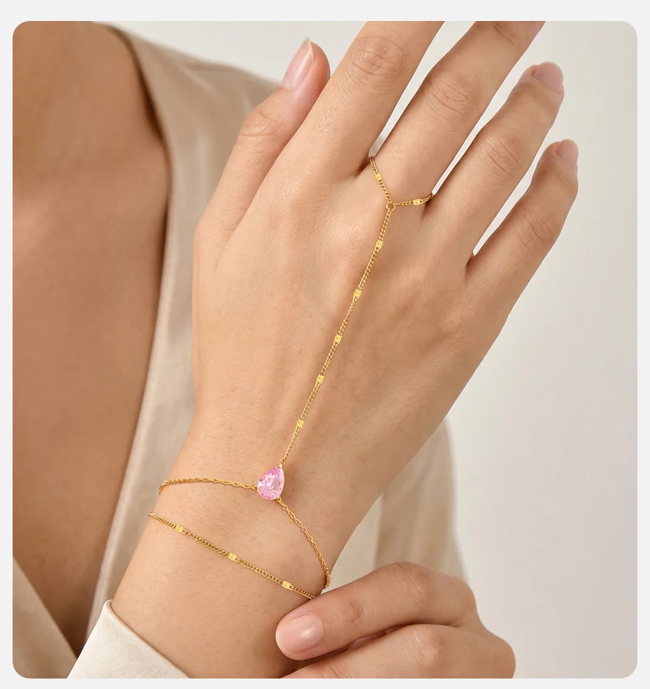 Vnox Elegantes Herz-Blumen-Zirkon-Armband mit Fingerring für Damen, Vergoldet mit Rosa CZ Tropfenförmigem Mehrschichtigem Ring-Armband, Party-Schmuck – Detail 2