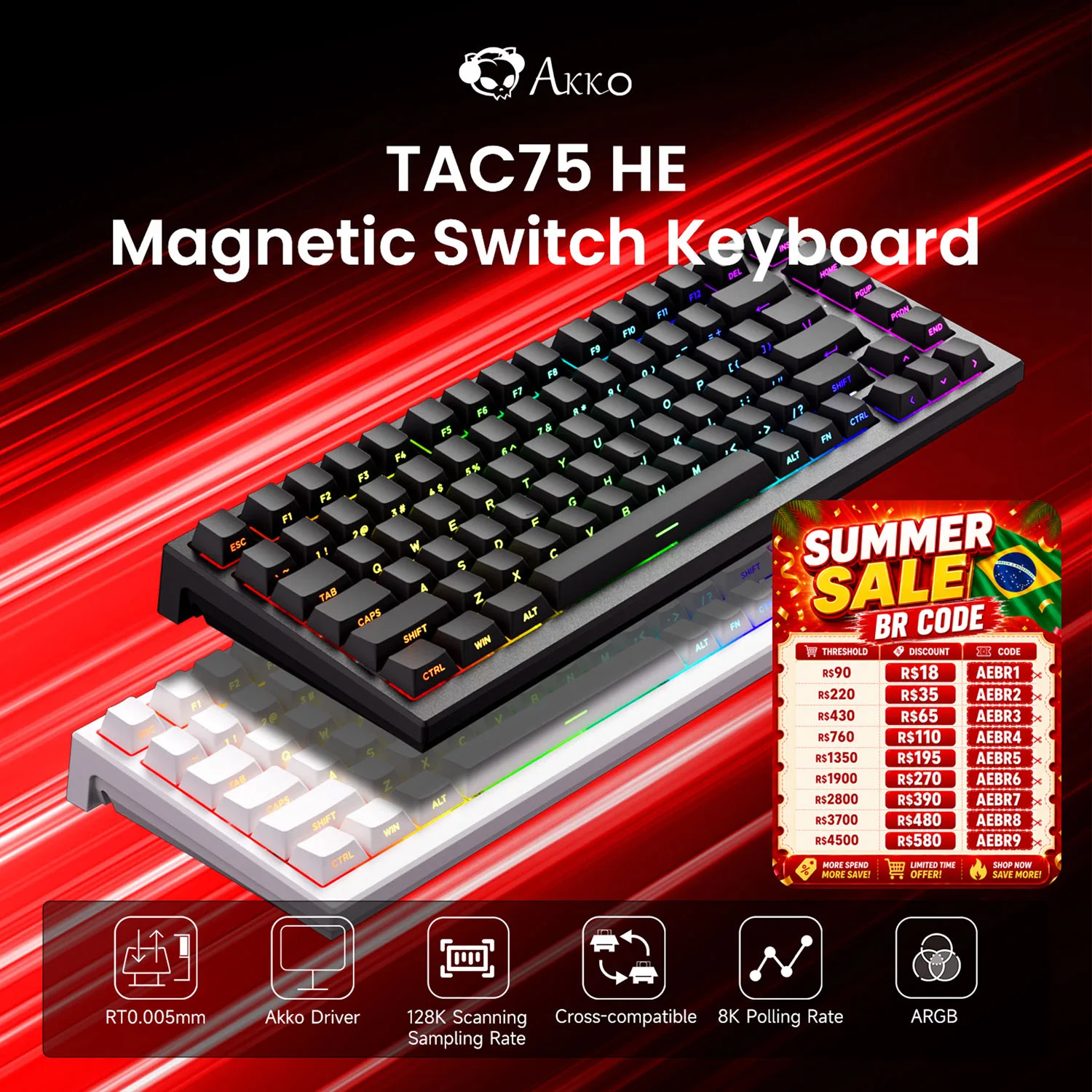 AKKO TAC75 HE Magnetic Switch Keyboard 75% Gaming Keyboards Rapid Trigger 0.005mm 8K RGB Wired Esports Custom Keyboard for Gamer