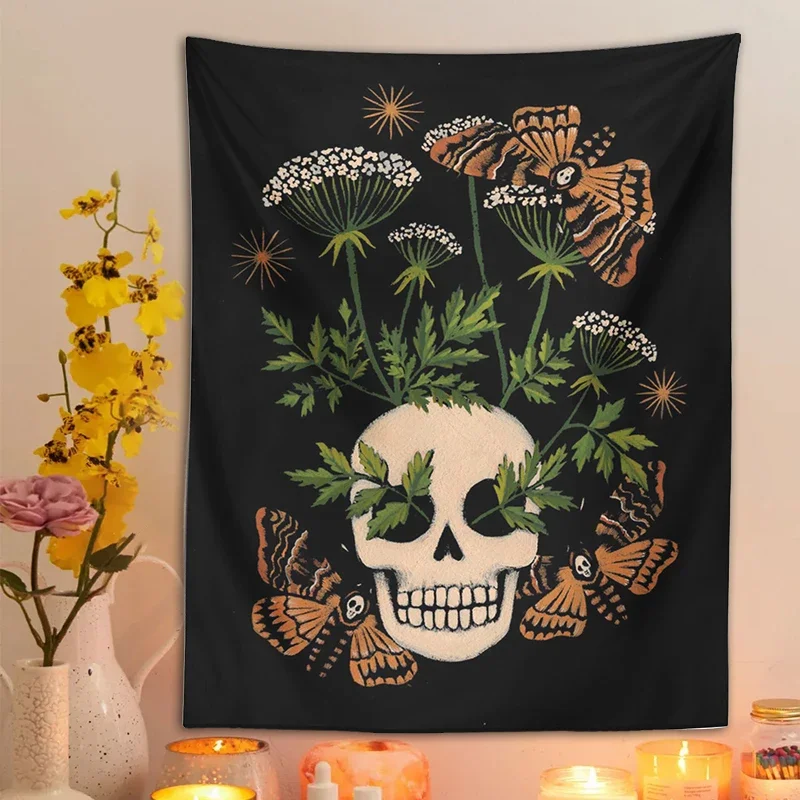 Kafatası çiçek goblen duvar asılı cadılık Divination güve bitki psychedelic siyah bez Boho hippi yurt ev dekor bırakır