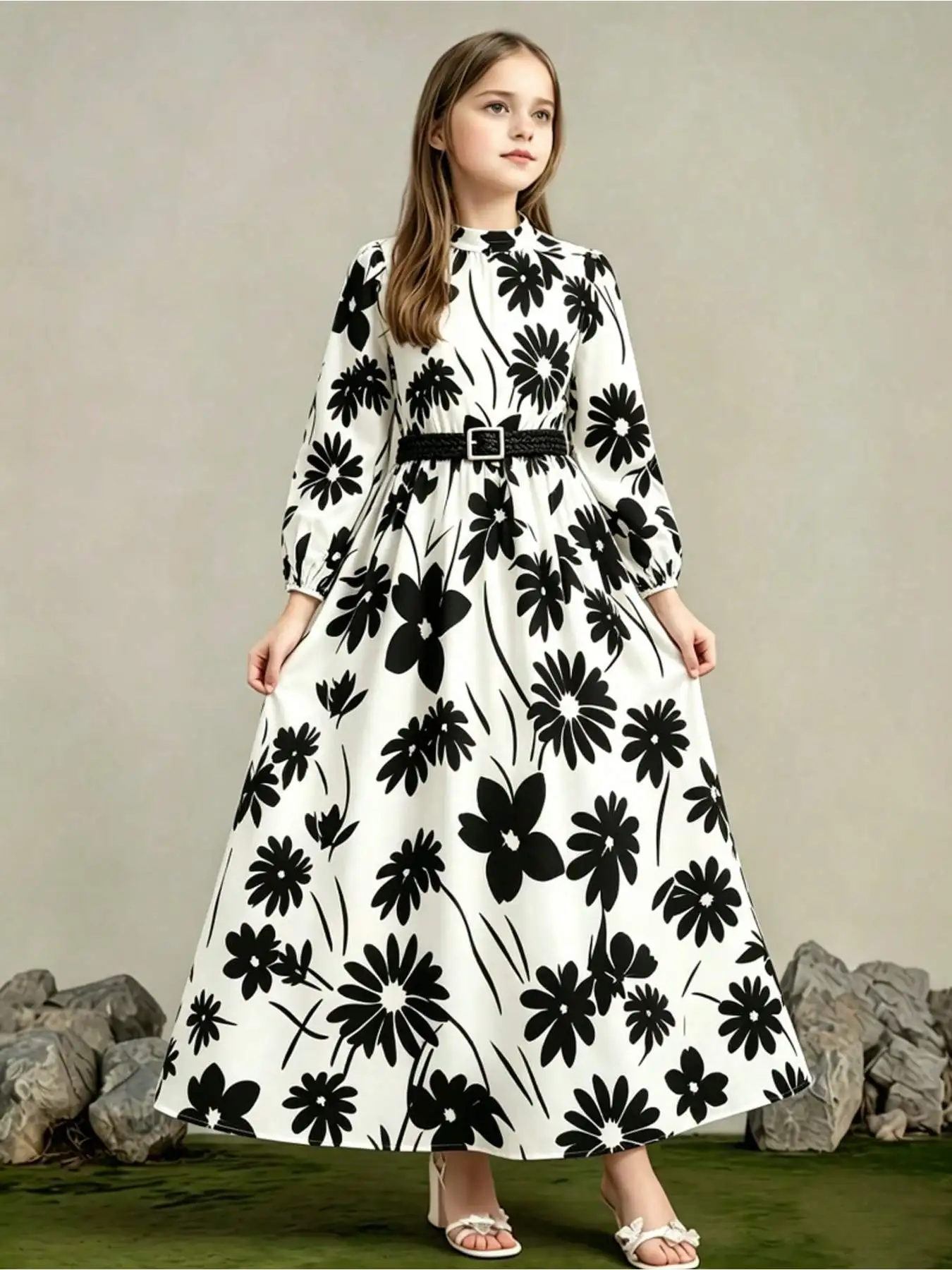 Kinder-Herbstkleid mit Rundhalsausschnitt, Blumenmuster, Kontrastierenden Langen Ärmeln und Gürtel, Langer Rock für Mädchen – Detail 6