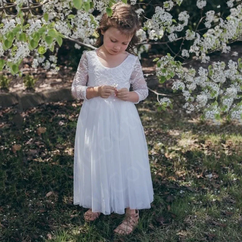 Vestidos de encaje para bebé, ropa de fiesta Formal, manga larga, longitud hasta el suelo, color blanco, para primera comunión, venta al por mayor, 2024