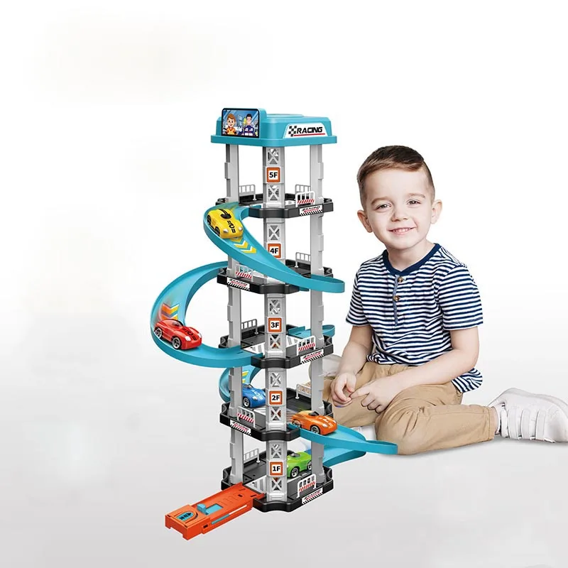 Carro ferroviário das crianças brinquedos estacionamento diy montagem quebra-cabeça multi-camada modelo de corrida slide carro pista deslizante jogo menino presente de aniversário