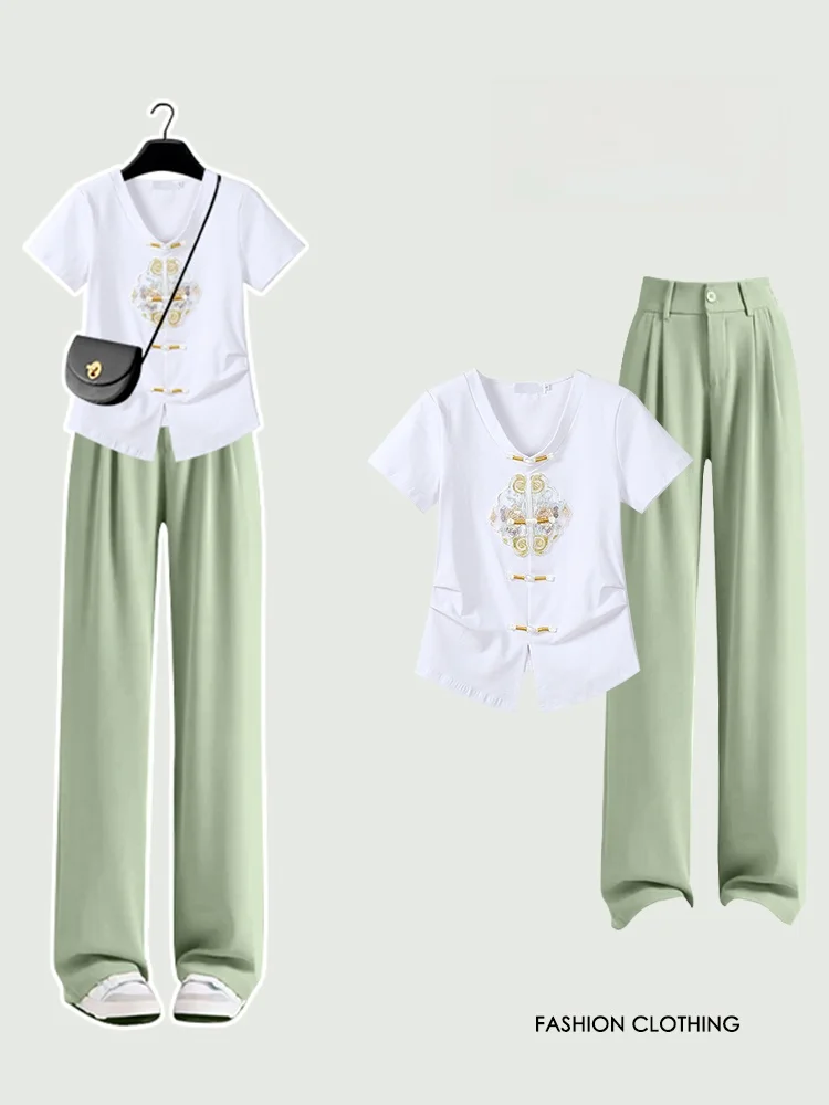 

Набор из серии Anti-Aging Salt: топ из чистого хлопка с коротким рукавом и свободные драпированные повседневные брюки для женщин, приятный для кожи модный комплект