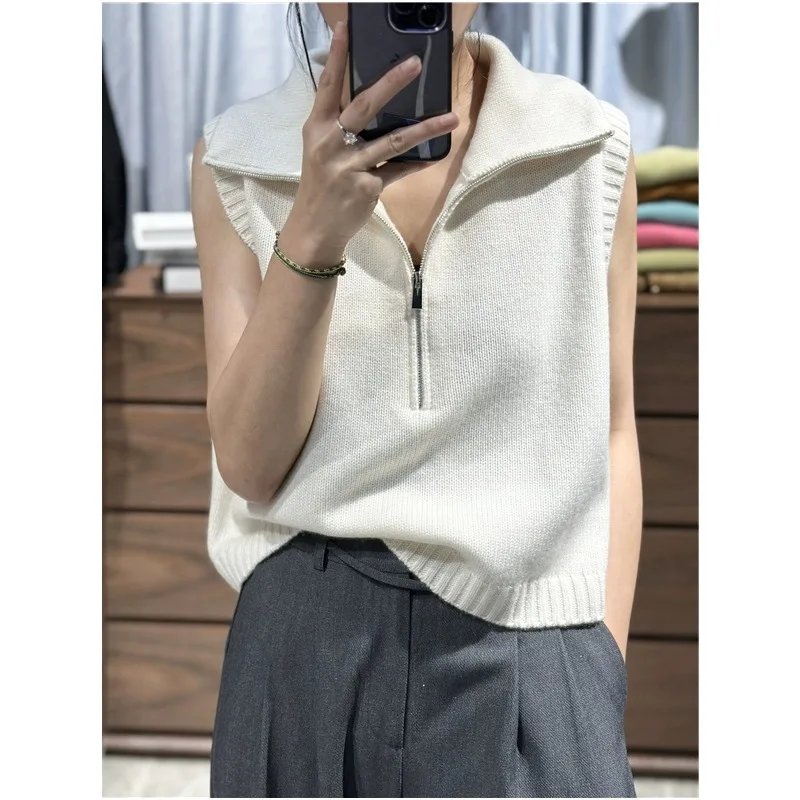 European fashion 100% pure cashmere vest women\'s half zip turtleneck pullover sleeveless knit sweater clip