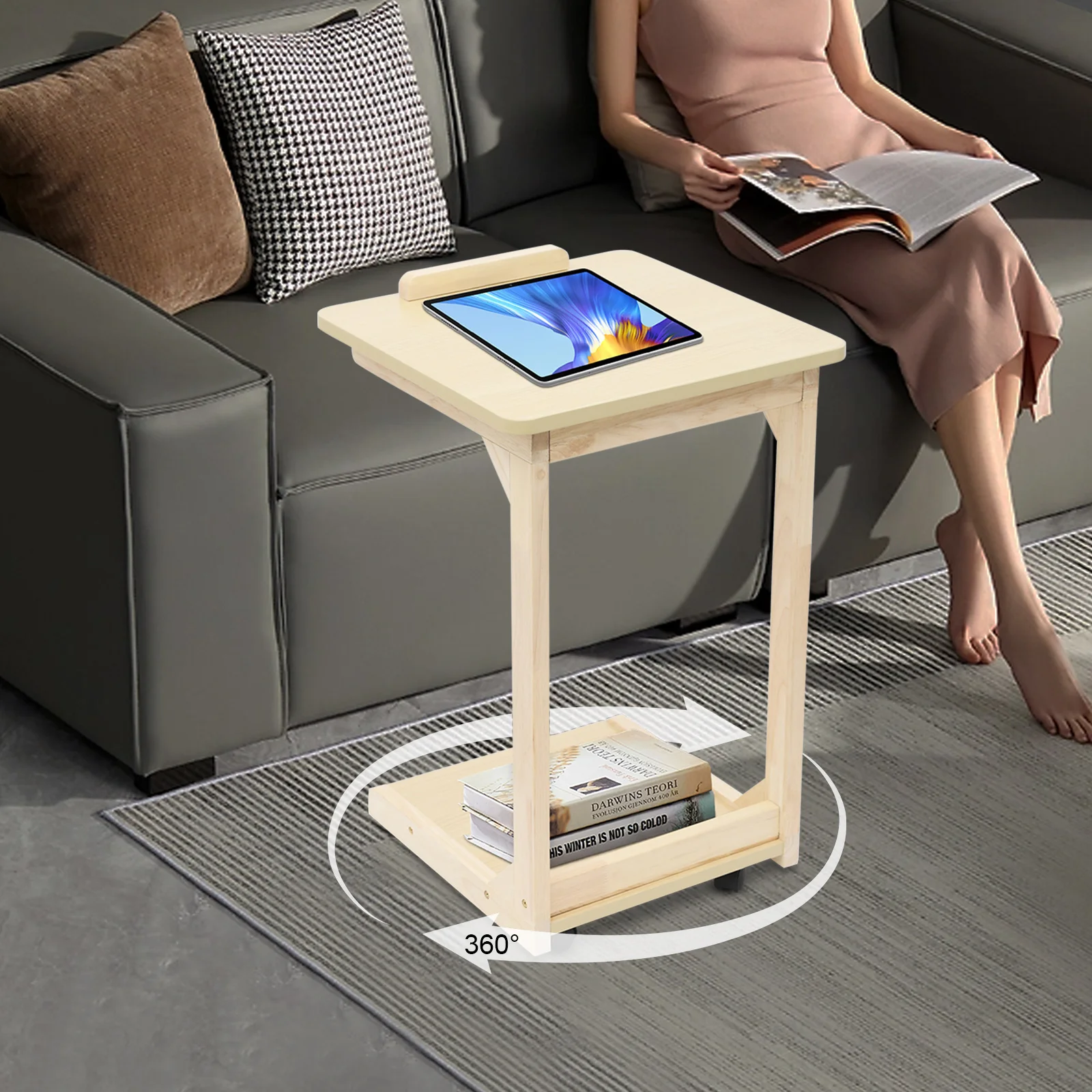 

Modern C Table with Wheels, 2 Tier Small End C Shaped Desk with Storage Adjustable Desktop for Couch Reading Living Room Bedroom