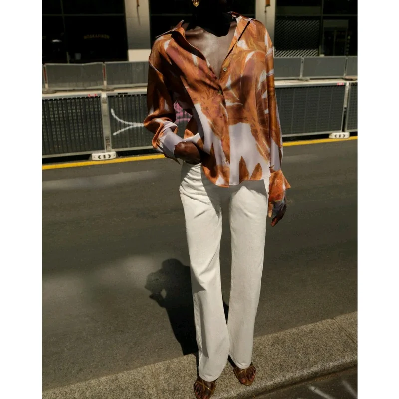 Herfst nieuwe dames losse pasvorm lange Sve print zijde satijn gevoel irt vintage Amerikaanse Sle knoop polyester stof