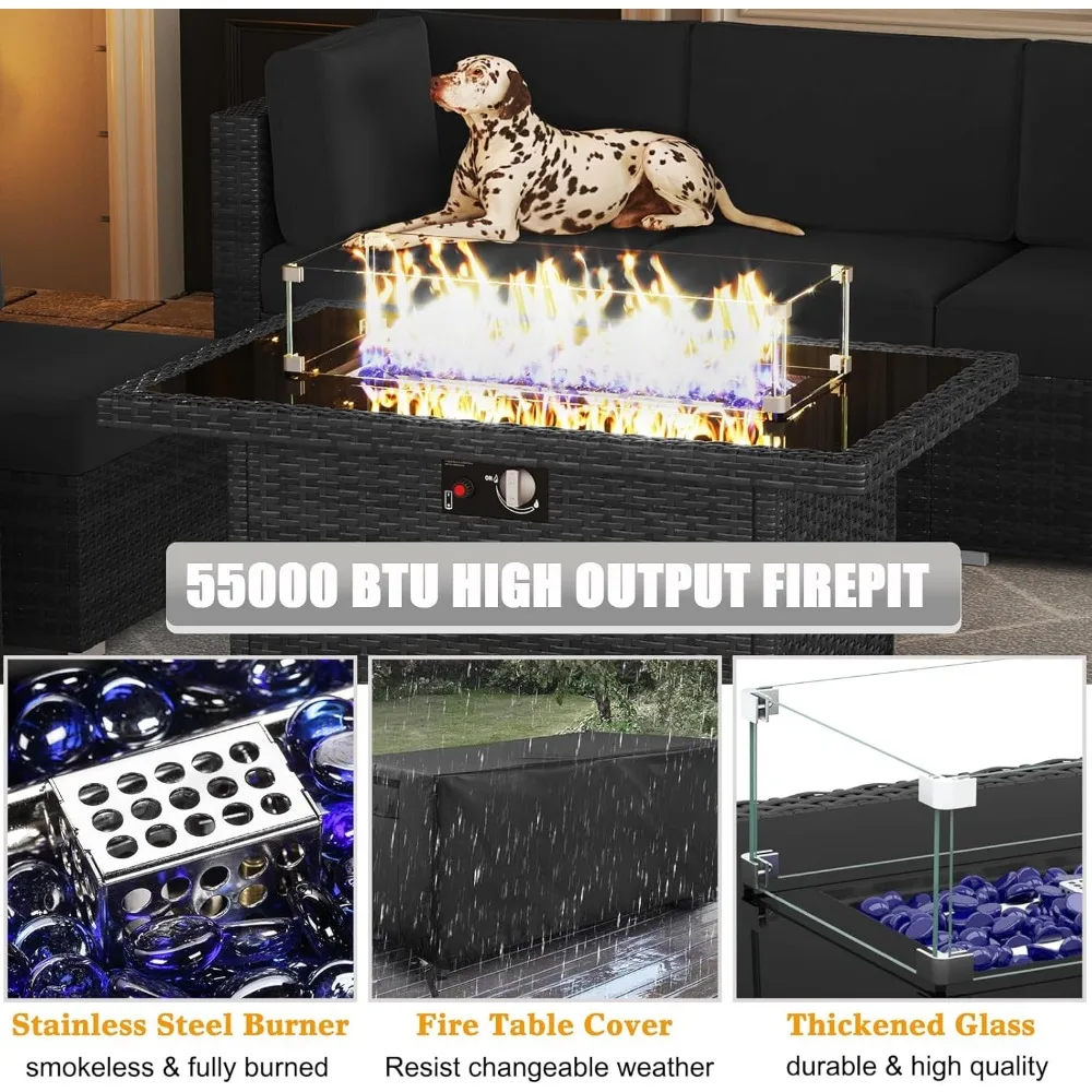 8 Piece Patio Furniture Set with 44"Fire Table, Outdoor Furniture Conversation Set Wicker Rattan Sofa Set with Coffee Table image 5