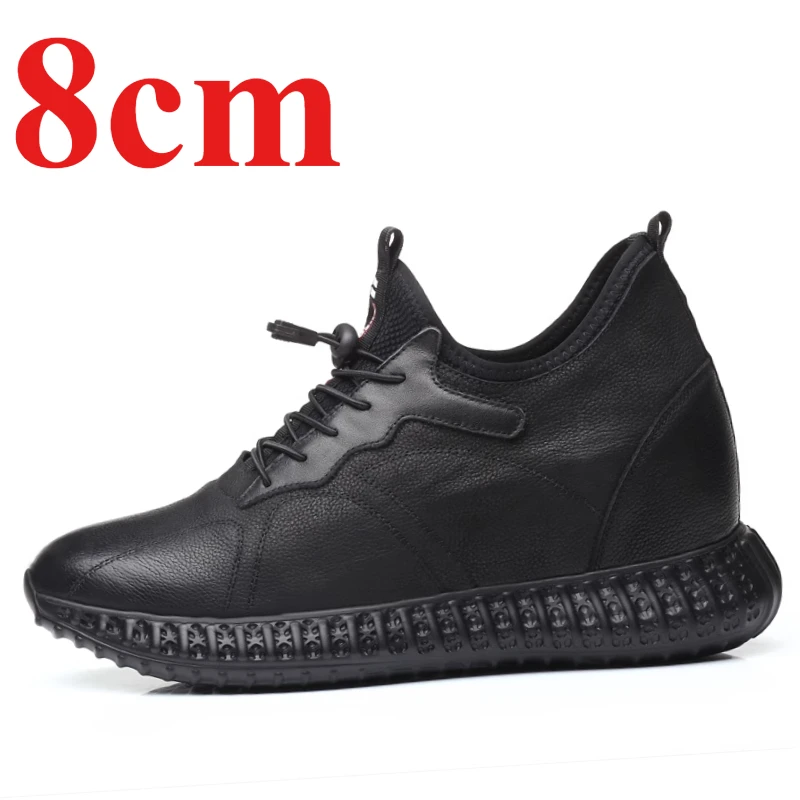 Height Increasing Shoes for Men's Genuine Leather Increased 8cm 10cm Invisible Elevator Shoes Black Comfortable Casual Sneakers