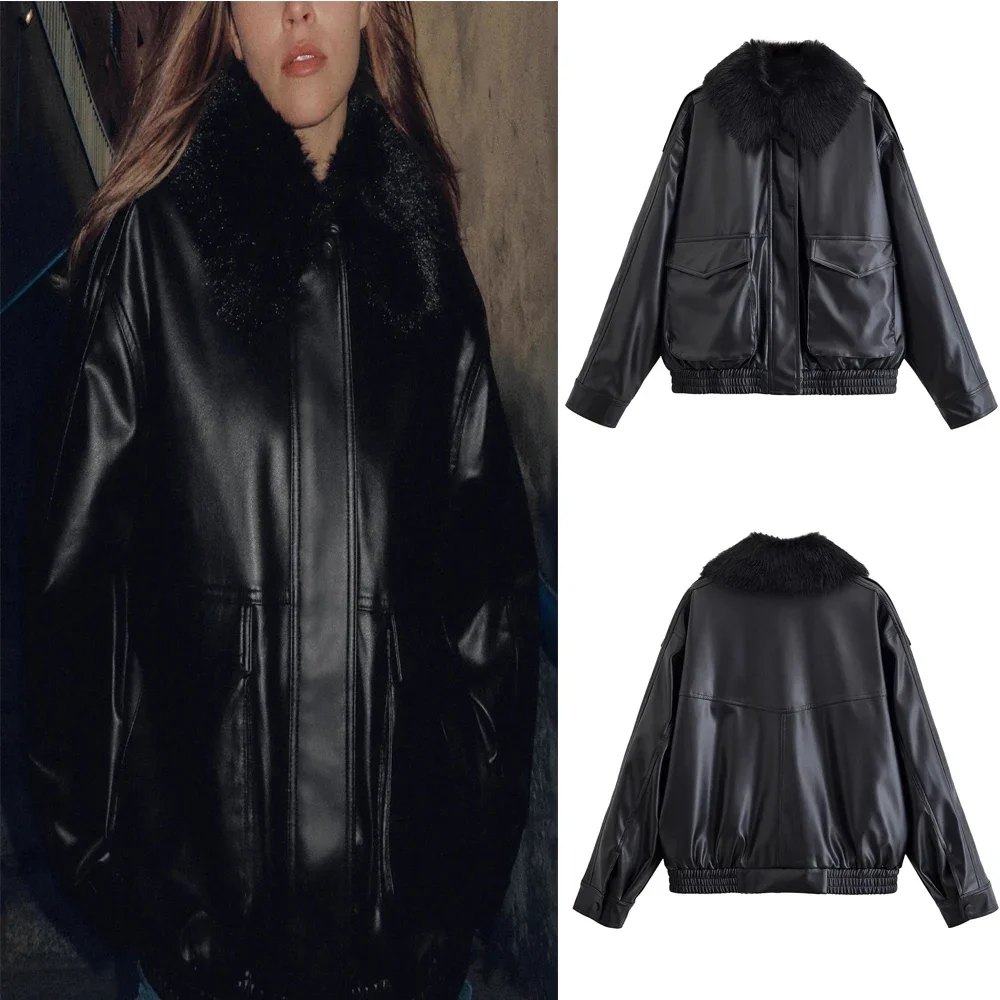 

Женская кожаная куртка из искусственного меха, осенняя новая черная куртка из искусственной кожи с длинными рукавами и съемным меховым воротником, повседневная мода