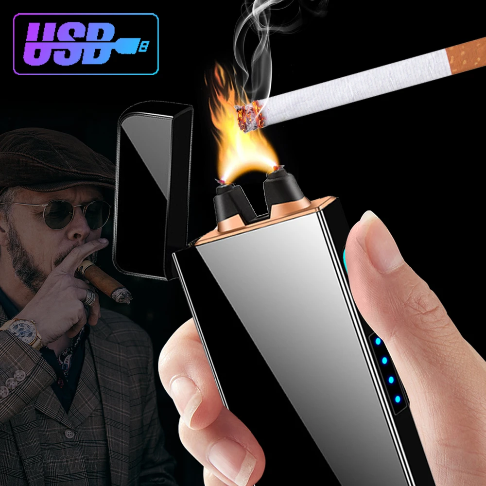 Powerful Flame USB Lighter Big Firepower Windproof Rechargeable Electronic Plasma Dual Arc Lighter LED Display Smoking Gadget