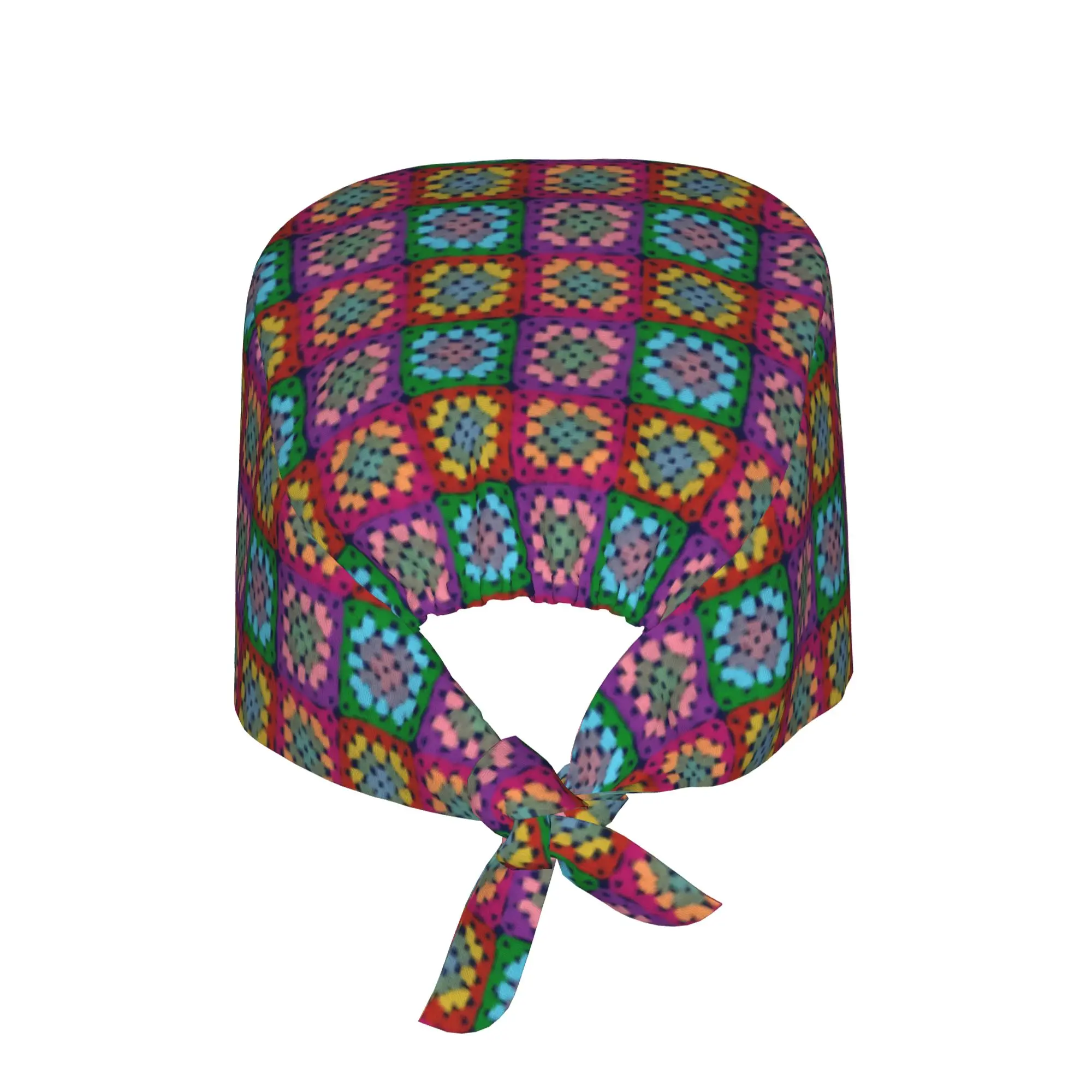 Boho Crochet Granny Squares Drawing On Dark Blue  WorkCap Work Working Cap Adgusted Fashion Printed Multi-Scenario