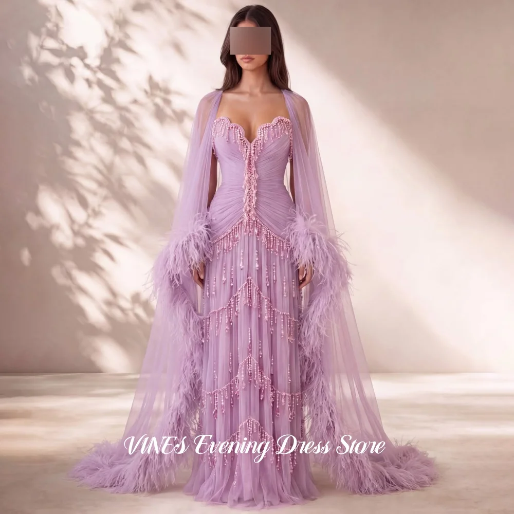 VINES Dreamy Lavender Strapless Evening Dress Pearl Beaded Fringe Prom Gown Tulle Cape Feather A Line Party Dresses Customized