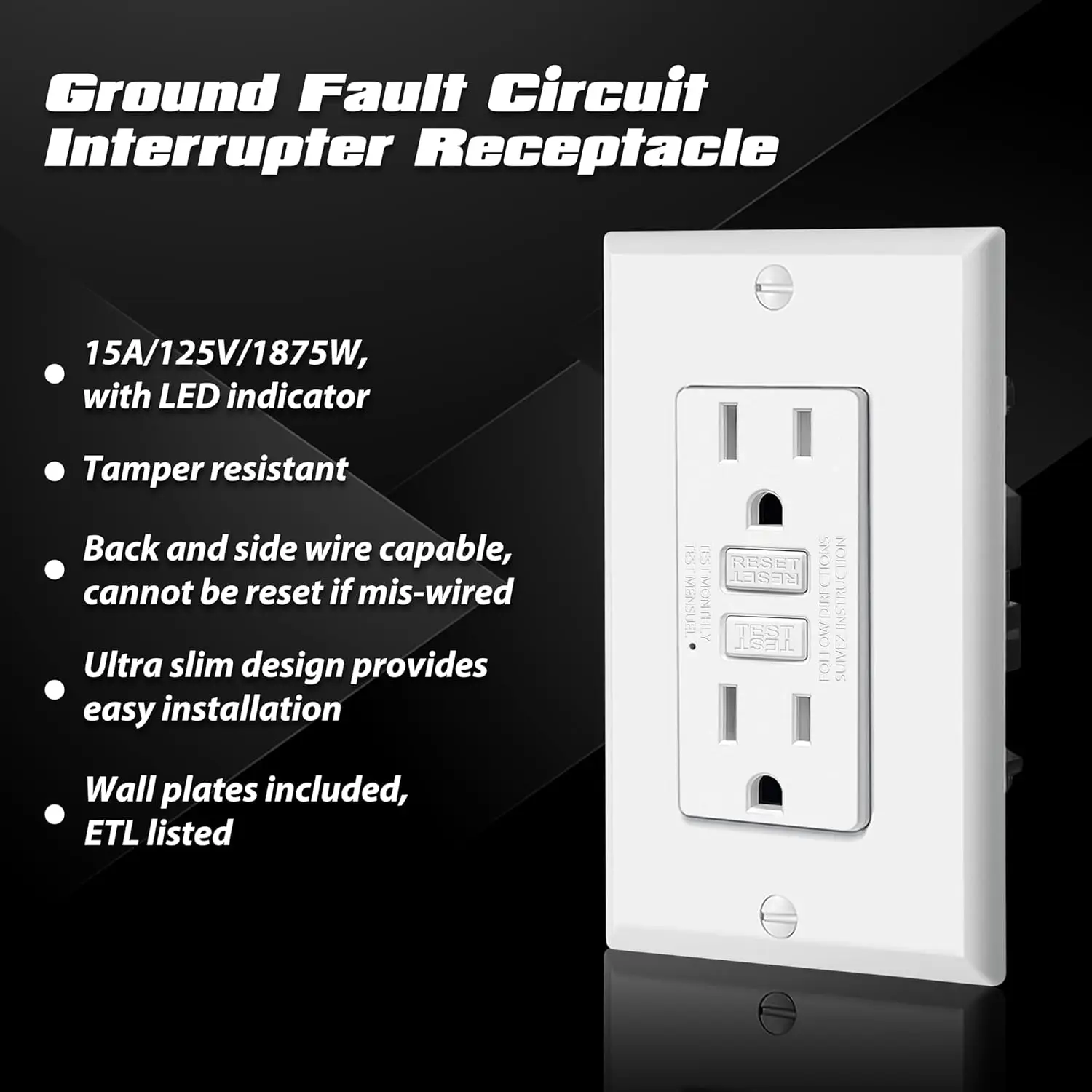 20 Pack GFCI Outlets 15 Amp, Tamper Resistant (TR), Ultra Slim GFI Receptacles with LED Indicator,  , ETL Listed, White