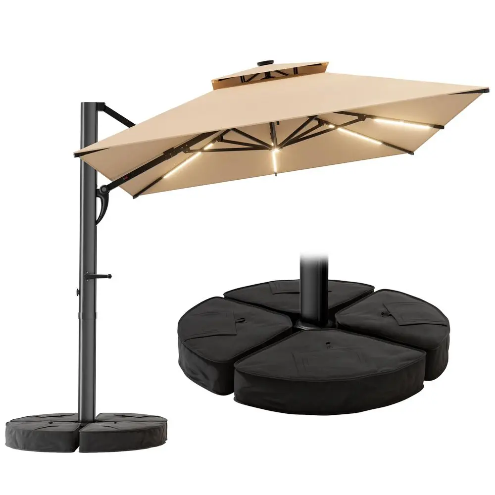 10 ft Square Cantilever Patio Umbrella with Base Included, Solar Lights Large Umbrella Outdoor Patio with 360RotationampTilting
