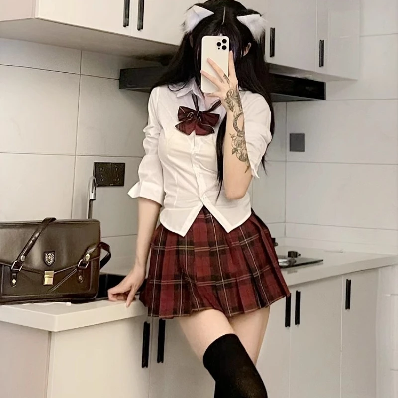 Japanese Style JK Uniform Preppy Style Short Sleeved Shirt Top Tight Waist Pleated Skirt Versatile Gray Cardigan Coat For Female