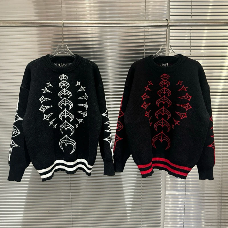 

Thug Club Skeleton Moon Star Jacquard Knitt Sweater Men Women Red White Pattern Round Neck Vintage High Quality Loose Sweaters