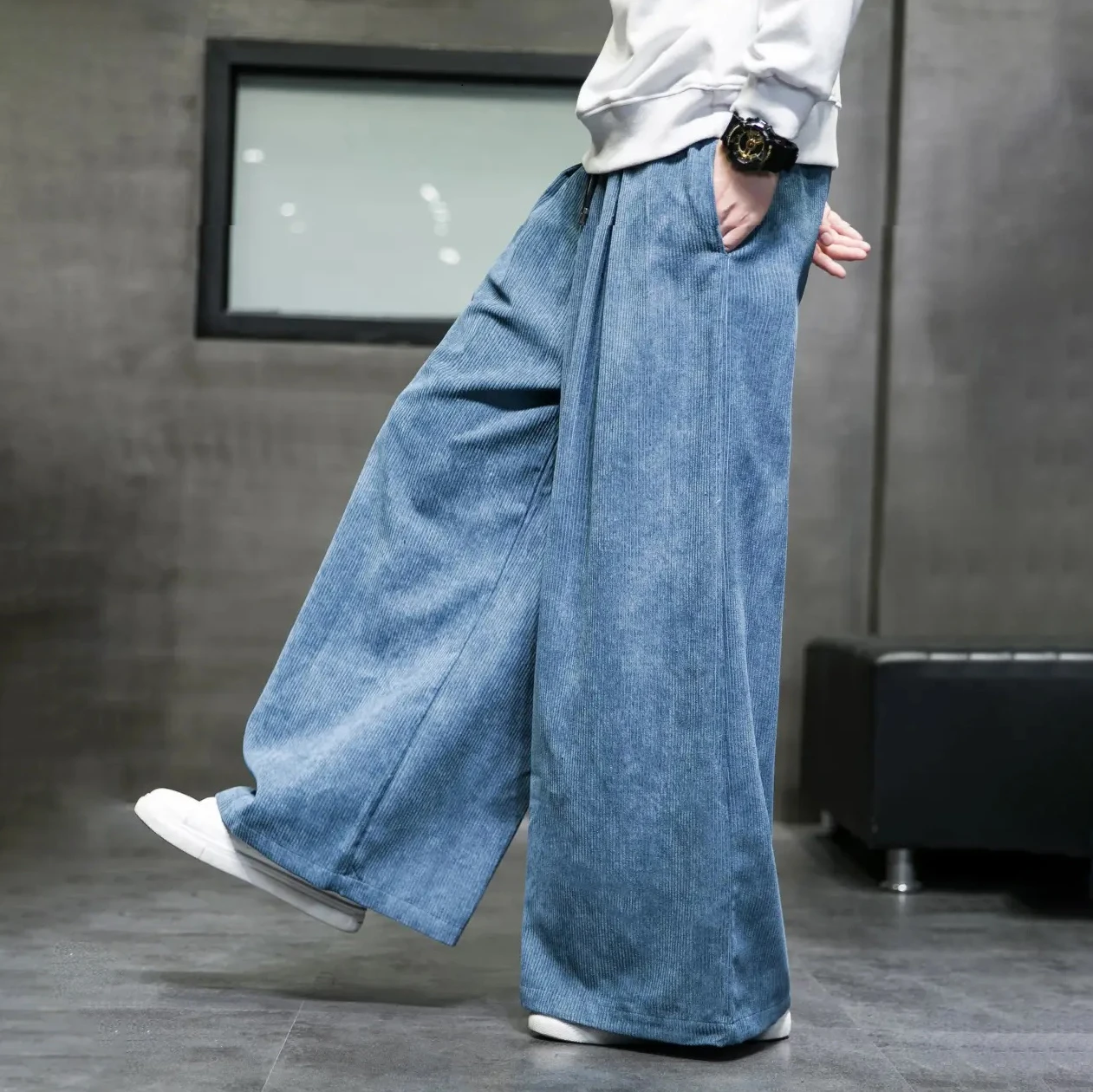 

2024 Solid Color Men's Wide Leg Pants Oversized Vintage Men Clothing Loose Corduroy Casual Pants Male Japanese Harajuku Trousers