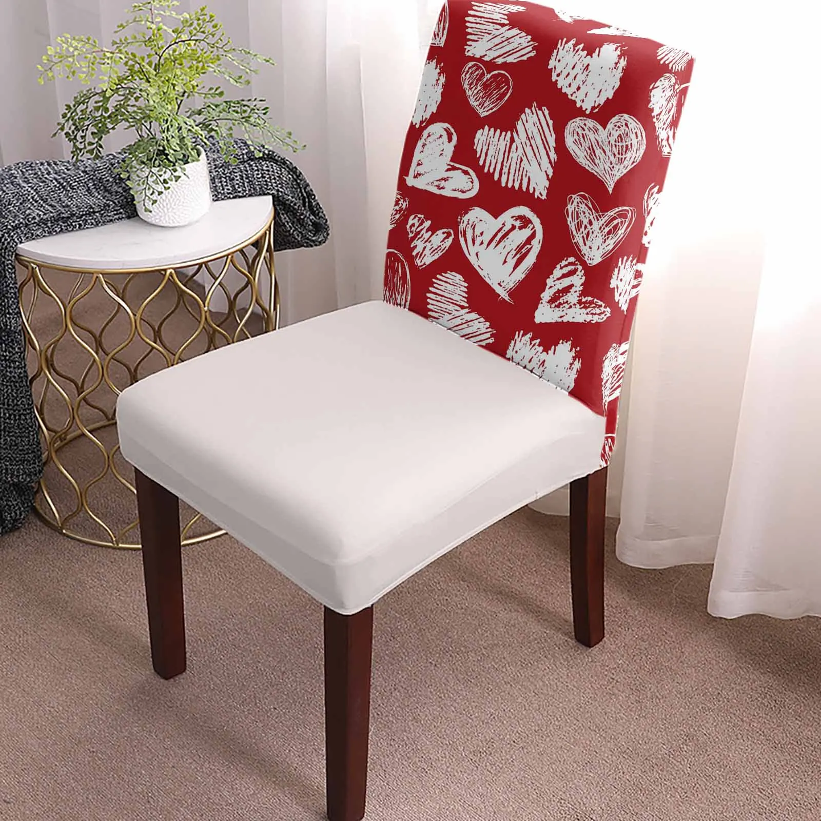 Valentine'S Day Love Hand Drawn Chair Cover Set Kitchen Stretch Spandex Seat Slipcover Home Decor Dining Room Seat Cover