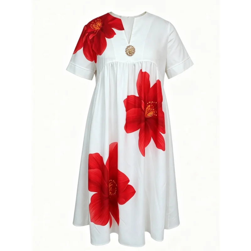 Kleid in Übergröße für Damen, mit Blumenmuster, knielanges Kleid, V-Ausschnitt, kurze Ärmel, lockere A-Linien-Silhouette, elegant, lässig, für Urlaub und den Alltag. – Detail 7
