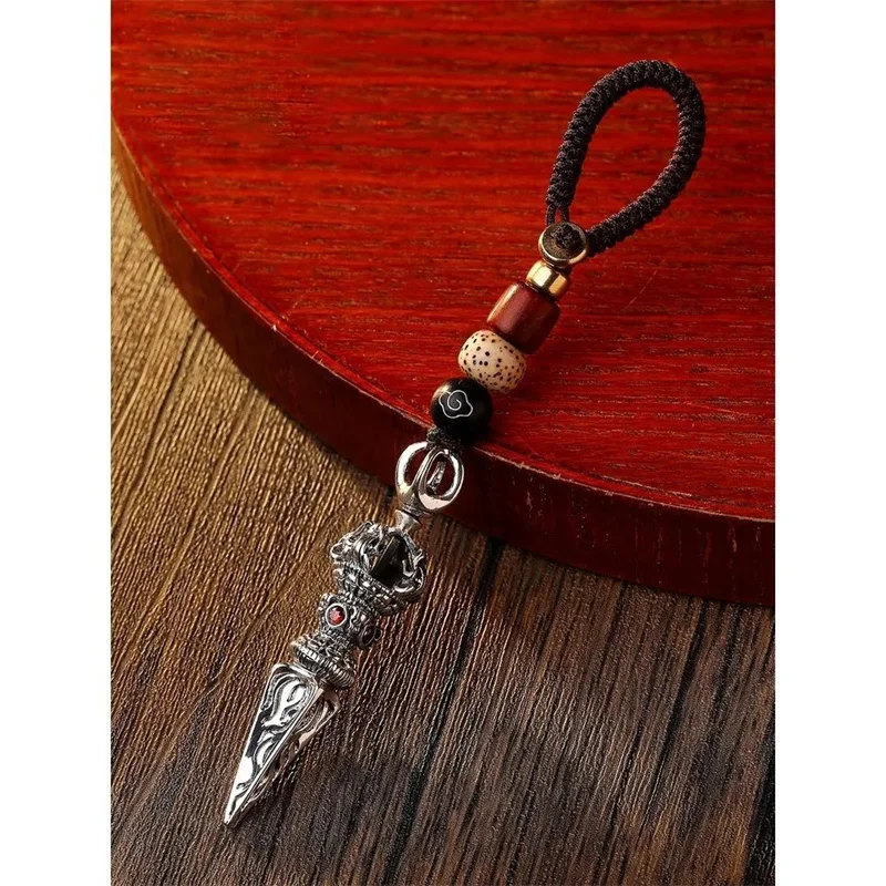 Vintage Relief Demon Slaying Pestle Car Keychain For Men Jewelry High-end Hand Woven Rope Keychain Male Birthday Gift