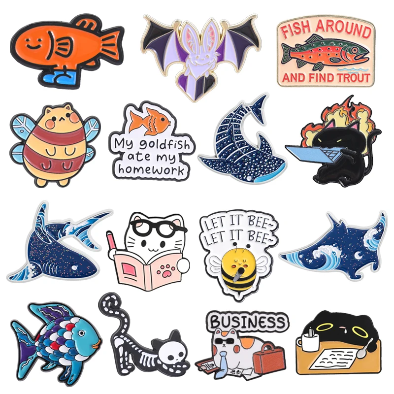 Traveling In Deep Sea Enamel Pins Shark Manta Fish Marine Creatures Asexual Bat Office Cat Brooches Lapel Badge Jewelry Gifts